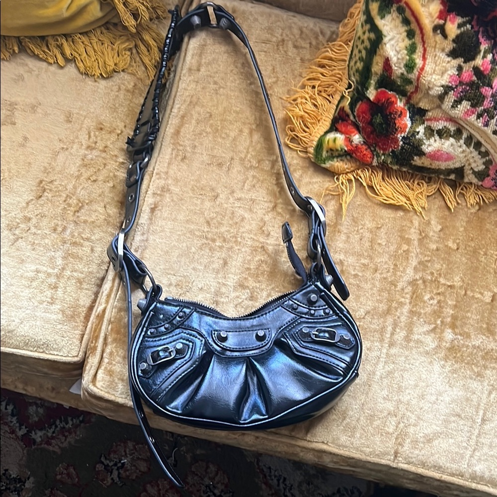Black Mini Leather Bag with Metallic Accents